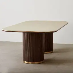 San Pierre Ebony Brown Ash Veneer Two-Leg Rectangular Dining Table with Travertine Finish Sintered Stone Top 240x120cm