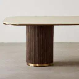 San Pierre Ebony Brown Ash Veneer Two-Leg Rectangular Dining Table with Travertine Finish Sintered Stone Top 240x120cm