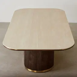 San Pierre Ebony Brown Ash Veneer Single Leg Rectangular Dining Table with Travertine Finish Sintered Stone Top - 240x120cm