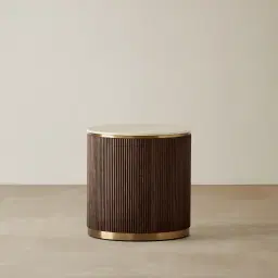 San Pierre Ebony Brown Ash Veneer Side Table with Travertine Finish Sintered Stone Top