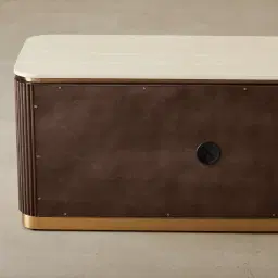 San Pierre Ebony Brown Ash Veneer Entertainment Unit with Travertine Finish Sintered Stone Top