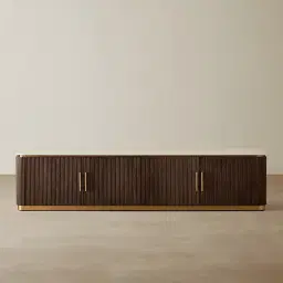 San Pierre Ebony Brown Ash Veneer Entertainment Unit with Travertine Finish Sintered Stone Top