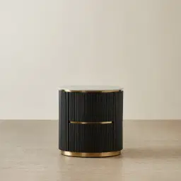 Archie Black Wooden Oval Bedside Table with White Sintered Stone Top