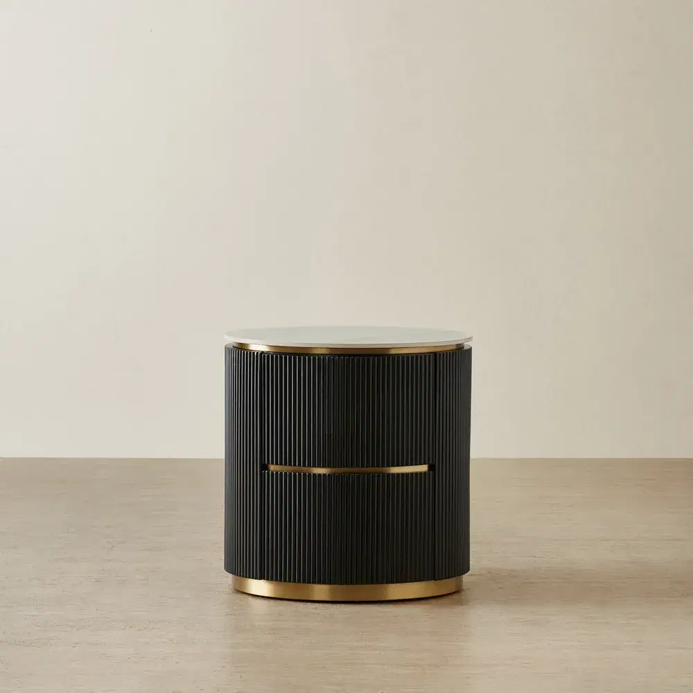 Archie Black Wooden Oval Bedside Table with White Sintered Stone Top