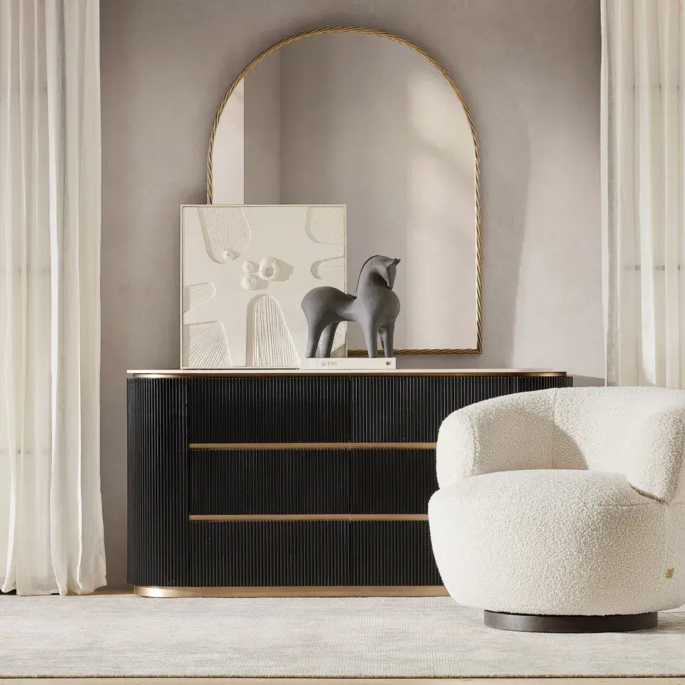 Archie Black Wooden 6-Drawer Dresser with White Sintered Stone Top