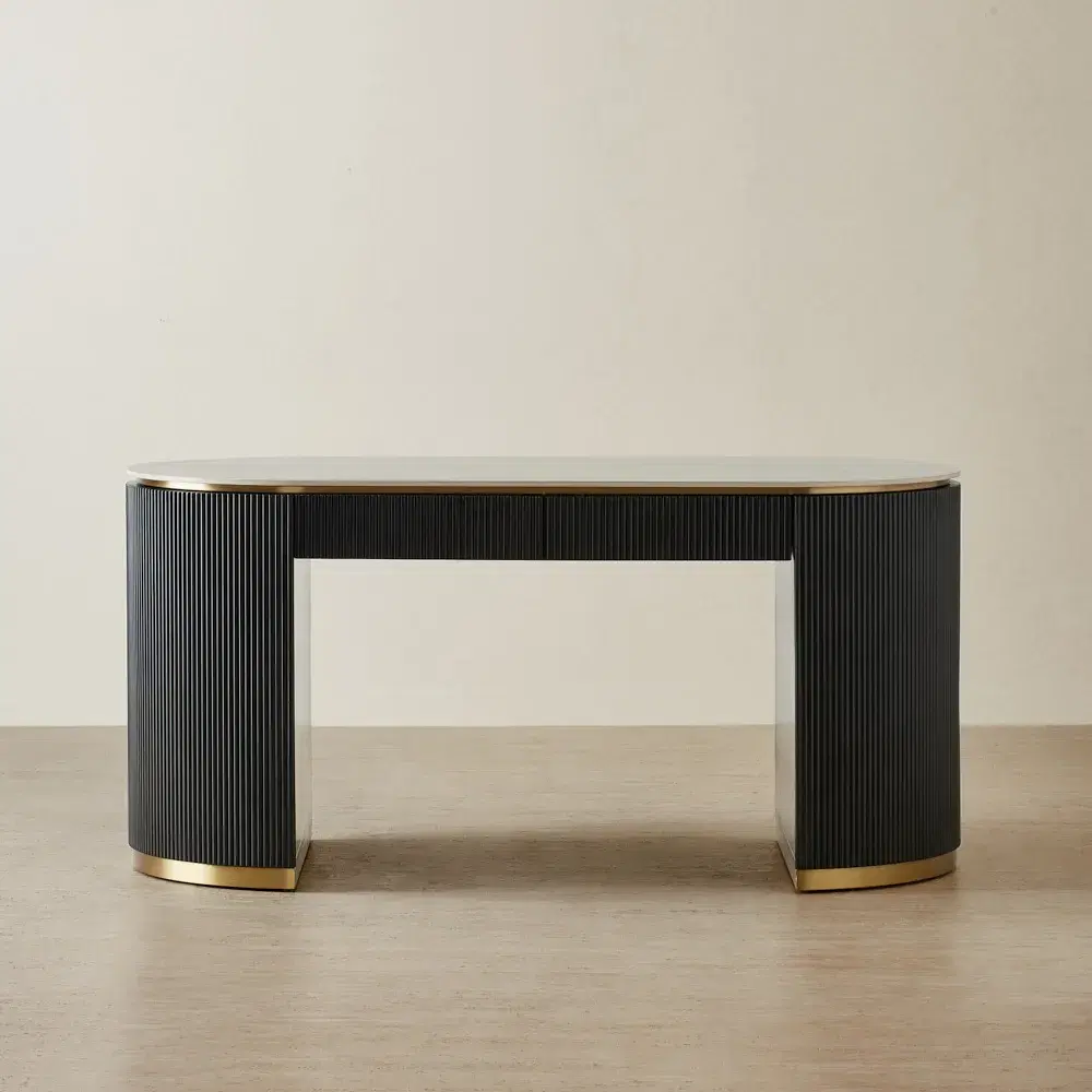Archie Black Wooden Study Desk with White Sintered Stone Top