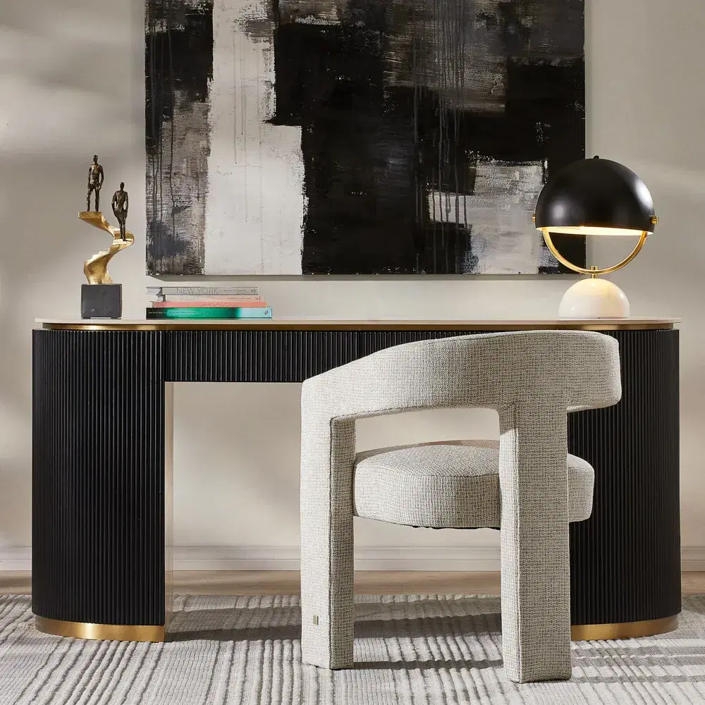 Archie Black Wooden Study Desk with White Sintered Stone Top