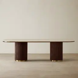 San Pierre Ebony Brown Ash Veneer Two-Leg Rectangular Dining Table with Travertine Finish Sintered Stone Top - 270x120cm