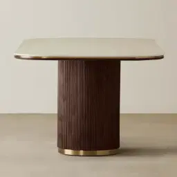 San Pierre Ebony Brown Ash Veneer Two-Leg Rectangular Dining Table with Travertine Finish Sintered Stone Top - 270x120cm