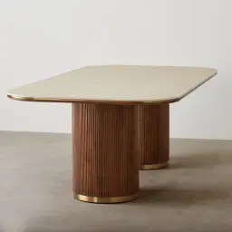 San Pierre Walnut Veneer Two-Leg Rectangular Dining Table with Travertine Finish Sintered Stone Top - 270x120cm