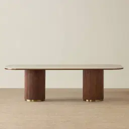 San Pierre Walnut Veneer Two-Leg Rectangular Dining Table with Travertine Finish Sintered Stone Top - 270x120cm