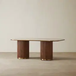 San Pierre Walnut Veneer Two-Leg Rectangular Dining Table with Travertine Finish Sintered Stone Top - 200x110cm