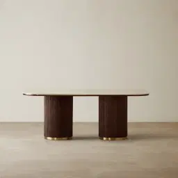 San Pierre Ebony Brown Ash Veneer Two-Leg Rectangular Dining Table with Travertine Finish Sintered Stone Top - 200x110cm