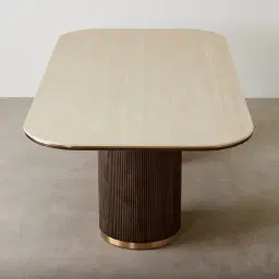 San Pierre Ebony Brown Ash Veneer Two-Leg Rectangular Dining Table with Travertine Finish Sintered Stone Top - 200x110cm