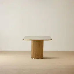 San Pierre Light Brown Ash Veneer Two-Leg Rectangular Dining Table with Travertine Finish Sintered Stone Top - 200x110cm