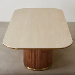 San Pierre Walnut Veneer Single Leg Rectangular Dining Table with Travertine Finish Sintered Stone Top - 200x110cm
