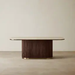San Pierre Ebony Brown Ash Veneer Single Leg Rectangular Dining Table with Travertine Finish Sintered Stone Top - 200x110cm