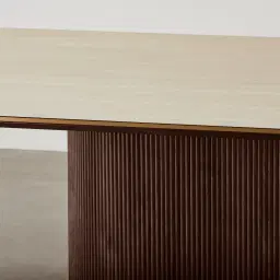 San Pierre Ebony Brown Ash Veneer Single Leg Rectangular Dining Table with Travertine Finish Sintered Stone Top - 200x110cm