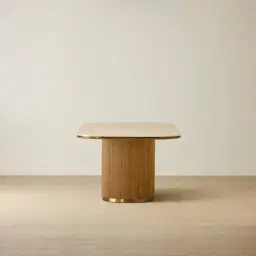 San Pierre Light Brown Ash Veneer Single Leg Rectangular Dining Table with Travertine Finish Sintered Stone Top - 200x110cm