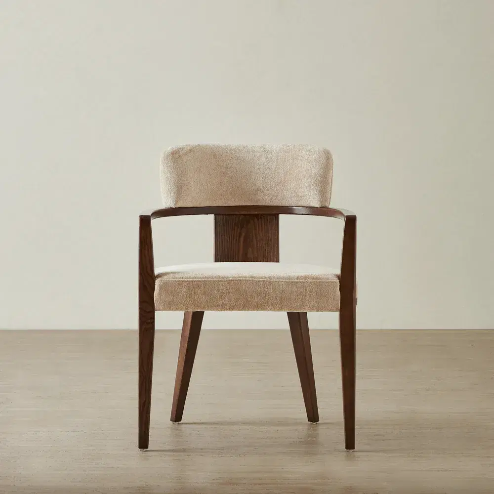 Lila Soft Beige Fabric Dining Chair - Amber Brown Wooden Legs