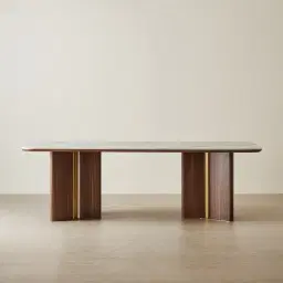 Sir Lionell II Gliding White Sintered Stone Rectangular Dining Table - Walnut Brown Wooden Legs 240x120cm