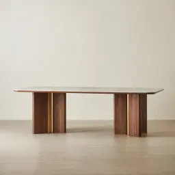 Sir Lionell II Gliding White Sintered Stone Rectangular Dining Table - Walnut Brown Wooden Legs 240x120cm
