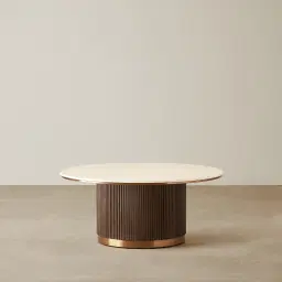 San Pierre Ebony Brown Ash Veneer High Round Coffee Table with Cream Travertine Finish Sintered Stone Top