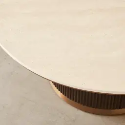 San Pierre Ebony Brown Ash Veneer High Round Coffee Table with Cream Travertine Finish Sintered Stone Top