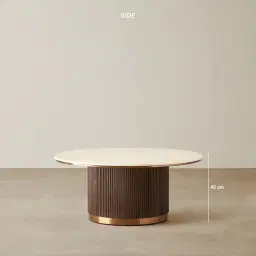 San Pierre Ebony Brown Ash Veneer High Round Coffee Table with Cream Travertine Finish Sintered Stone Top