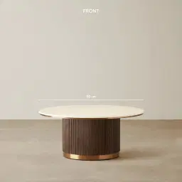 San Pierre Ebony Brown Ash Veneer High Round Coffee Table with Cream Travertine Finish Sintered Stone Top