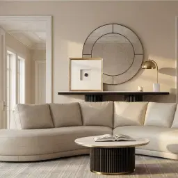 San Pierre Ebony Brown Ash Veneer High Round Coffee Table with Cream Travertine Finish Sintered Stone Top