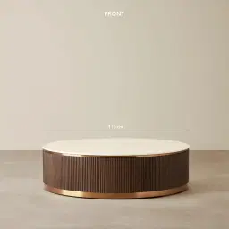 San Pierre Ebony Brown Ash Veneer Low Round Coffee Table with Cream Travertine Finish Sintered Stone Top