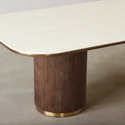 San Pierre Ebony Brown Ash Veneer Two-Leg Rectangular Dining Table with Cream Travertine Finish Sintered Stone Top - 240x120cm