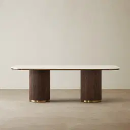 San Pierre Ebony Brown Ash Veneer Two-Leg Rectangular Dining Table with Cream Travertine Finish Sintered Stone Top - 240x120cm