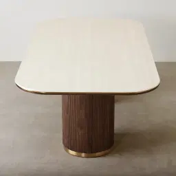 San Pierre Ebony Brown Ash Veneer Two-Leg Rectangular Dining Table with Cream Travertine Finish Sintered Stone Top - 240x120cm