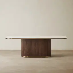 San Pierre Ebony Brown Ash Veneer Single Leg Rectangular Dining Table with Cream Travertine Finish Sintered Stone Top - 240x120cm