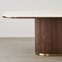 San Pierre Ebony Brown Ash Veneer Single Leg Rectangular Dining Table with Cream Travertine Finish Sintered Stone Top - 240x120cm