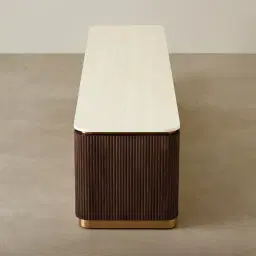 San Pierre Ebony Brown Ash Veneer Entertainment Unit with Cream Travertine Finish Sintered Stone Top