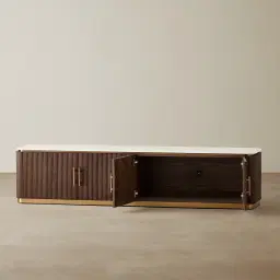 San Pierre Ebony Brown Ash Veneer Entertainment Unit with Cream Travertine Finish Sintered Stone Top