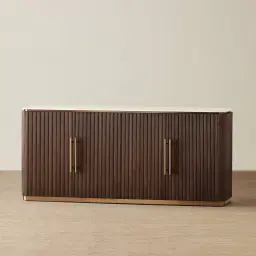 San Pierre Ebony Brown Ash Veneer Sideboard with Cream Travertine Finish Sintered Stone Top