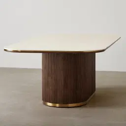 San Pierre Ebony Brown Ash Veneer Single Leg Rectangular Dining Table with Cream Travertine Finish Sintered Stone Top - 270x120cm