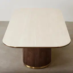 San Pierre Ebony Brown Ash Veneer Single Leg Rectangular Dining Table with Cream Travertine Finish Sintered Stone Top - 270x120cm