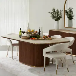 San Pierre Ebony Brown Ash Veneer Single Leg Rectangular Dining Table with Cream Travertine Finish Sintered Stone Top - 270x120cm
