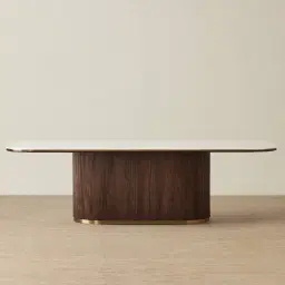 San Pierre Ebony Brown Ash Veneer Single Leg Rectangular Dining Table with Cream Travertine Finish Sintered Stone Top - 270x120cm