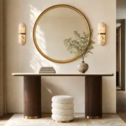 San Pierre Ebony Brown Ash Veneer Two-Leg Console Table with Cream Travertine Finish Sintered Stone Top
