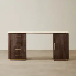 San Pierre Ebony Brown Ash Veneer Study Desk with Cream Travertine Finish Sintered Stone Top