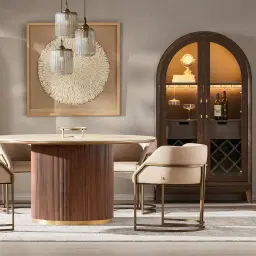 San Pierre Walnut Veneer Round Dining Table with Travertine Finish Sintered Stone Top - 120cm