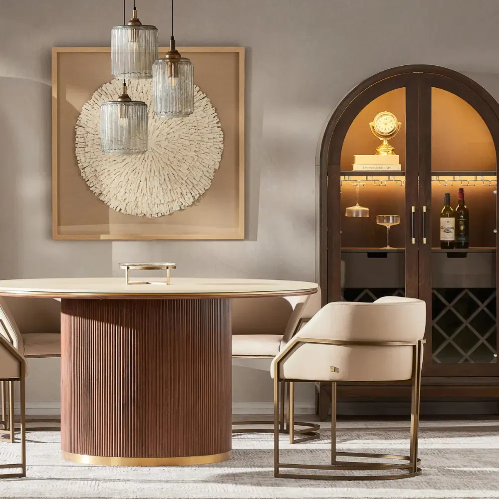 San Pierre Walnut Veneer Round Dining Table with Travertine Finish Sintered Stone Top - 120cm