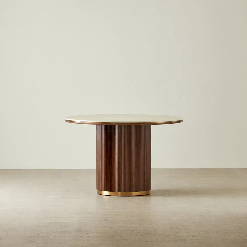 San Pierre Walnut Veneer Round Dining Table with Travertine Finish Sintered Stone Top - 120cm