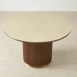 San Pierre Walnut Veneer Round Dining Table with Travertine Finish Sintered Stone Top - 120cm